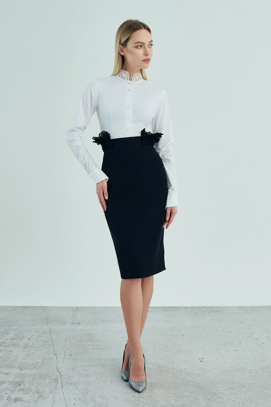 Monique - Non Iron - Black border lace tapered pencil skirt