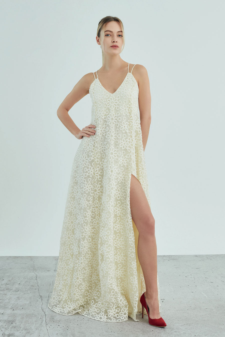 Elle - Non Iron - Off White Lace maxi dress