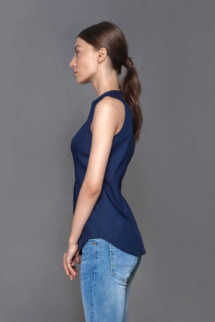 Anya - Non Iron - Navy Blue sleeveless shirt