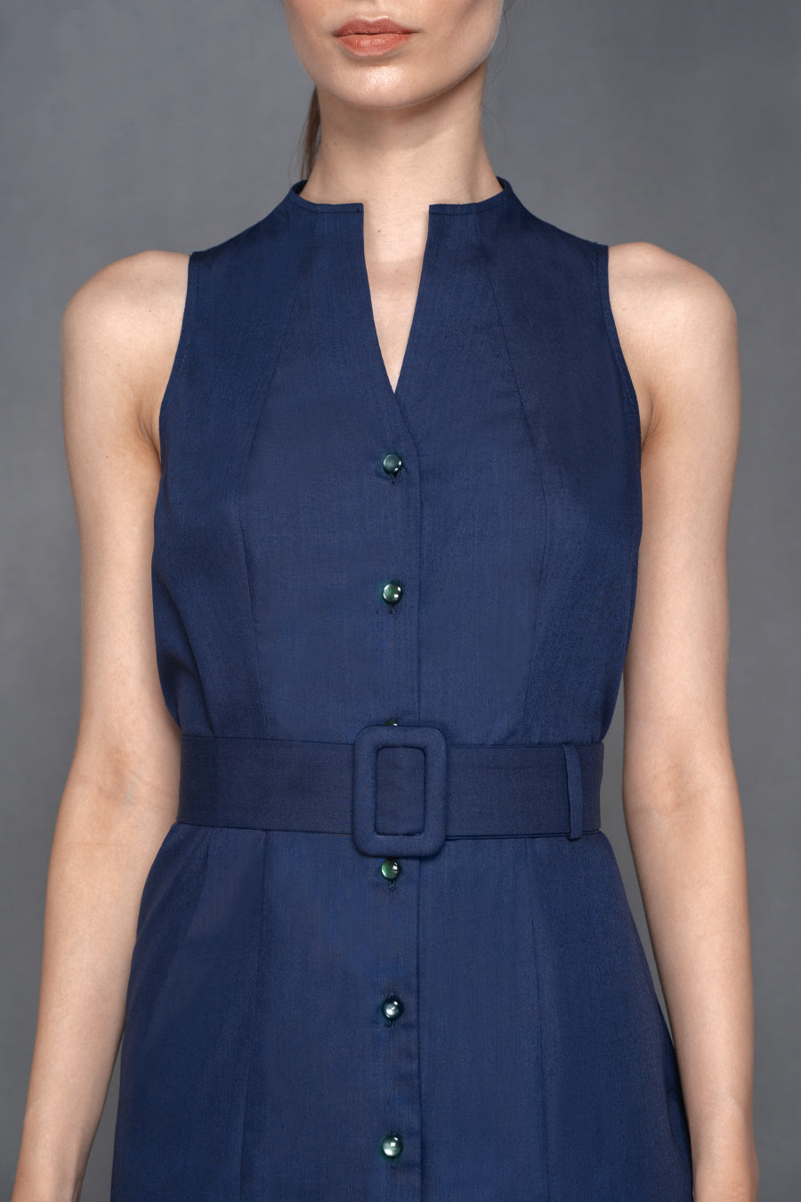 Jenner - Non Iron - Navy blue button down sleevless shirt dress