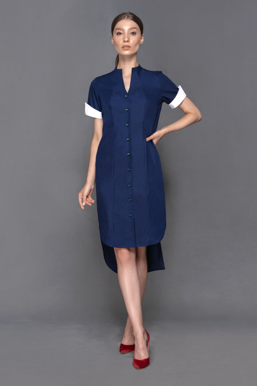 Jessie - Non Iron - Navy Blue button down short sleeve shirt dress