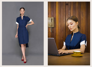 Jessie - Non Iron - Navy Blue button down short sleeve shirt dress